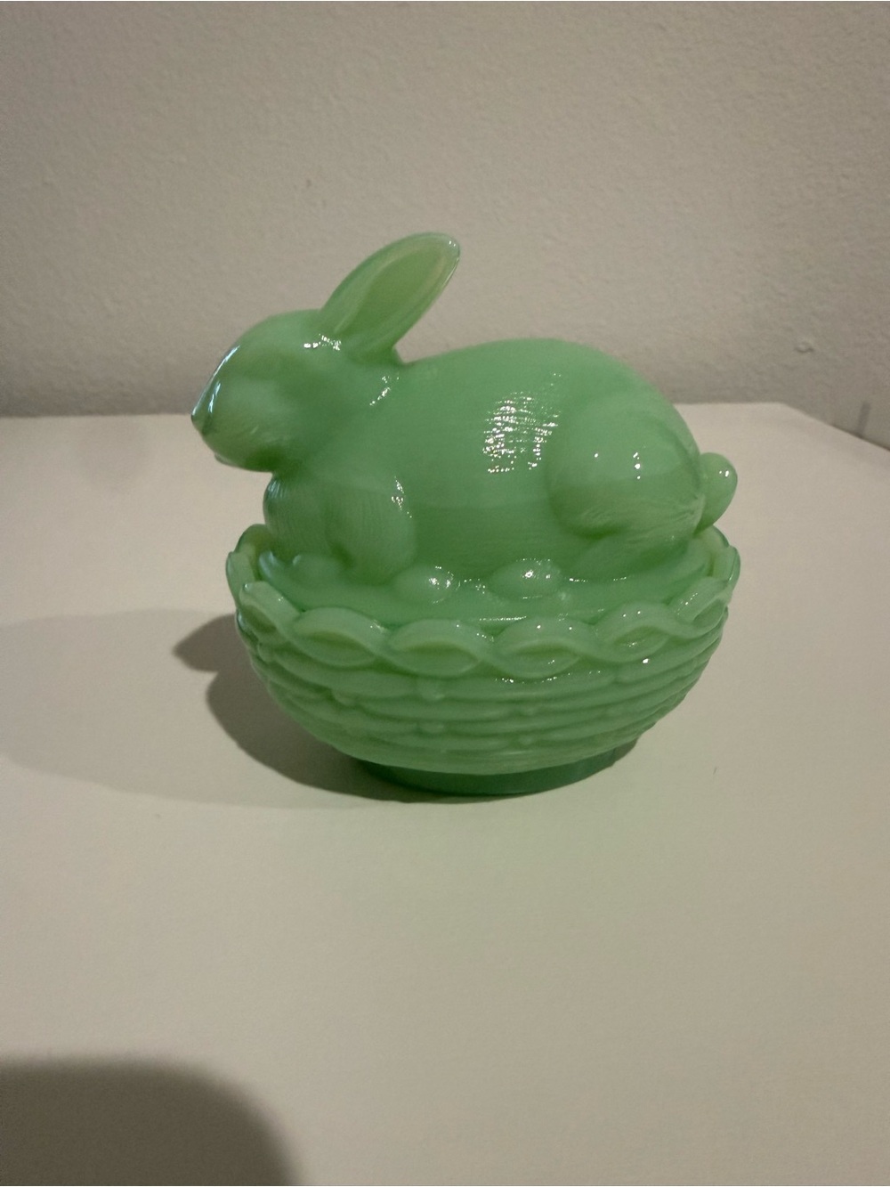 Mosser glass Jadeite Green Glass Bunny on nest Candy Dish - Decorative Home Art